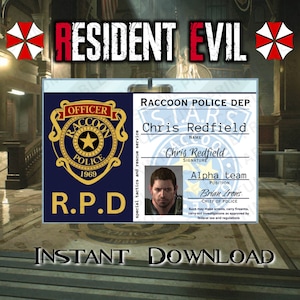 Imprimable | Chris Redfield | R.P.D. | carte d'identité | Badge d'identification | Inspiré du jeu vidéo Resident Evil | Déguisements | Cosplay