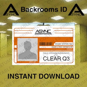 May include: A rectangular identification badge featuring an orange and white design with the text ASYNC RESEARCH INSTITUTE, MAGNET SYSTEMS R&D, FIELD OPERATION ENGINEER, and CLEAR Q3. It includes a barcode, ID 514-671, and issue/expiration dates.