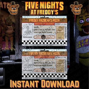 May include: Two identical Freddy Fazbear's Pizza security guard identification cards featuring a white background, black and white checkered border, and text including Name, Employee ID FFP-SEC-1993, Position Night Guard, and shift protocols.