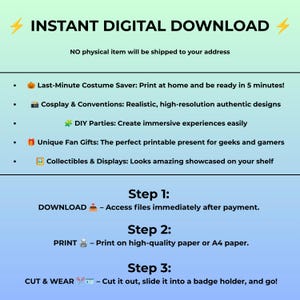 Op de afbeelding: Een informatieve afbeelding met een lichtgroene tot blauwe gradi&euml;ntachtergrond die een direct digitaal downloadproces beschrijft. Het bevat voordelen zoals last-minute kostuum, cosplay, doe-het-zelf-feestjes, cadeaus en verzamelobjecten, gevolgd door drie stappen: downloaden, printen en knippen en dragen.