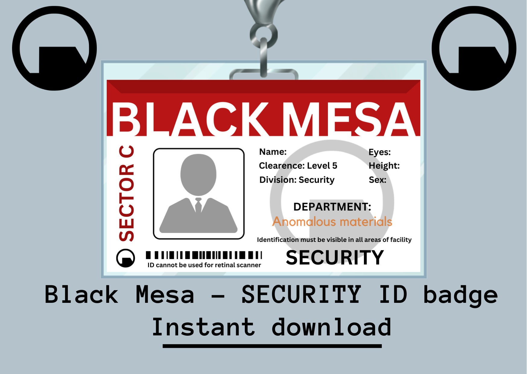 PRINTABLE Black Mesa SECURITY ID Card Badge From Halflife for Cosplay