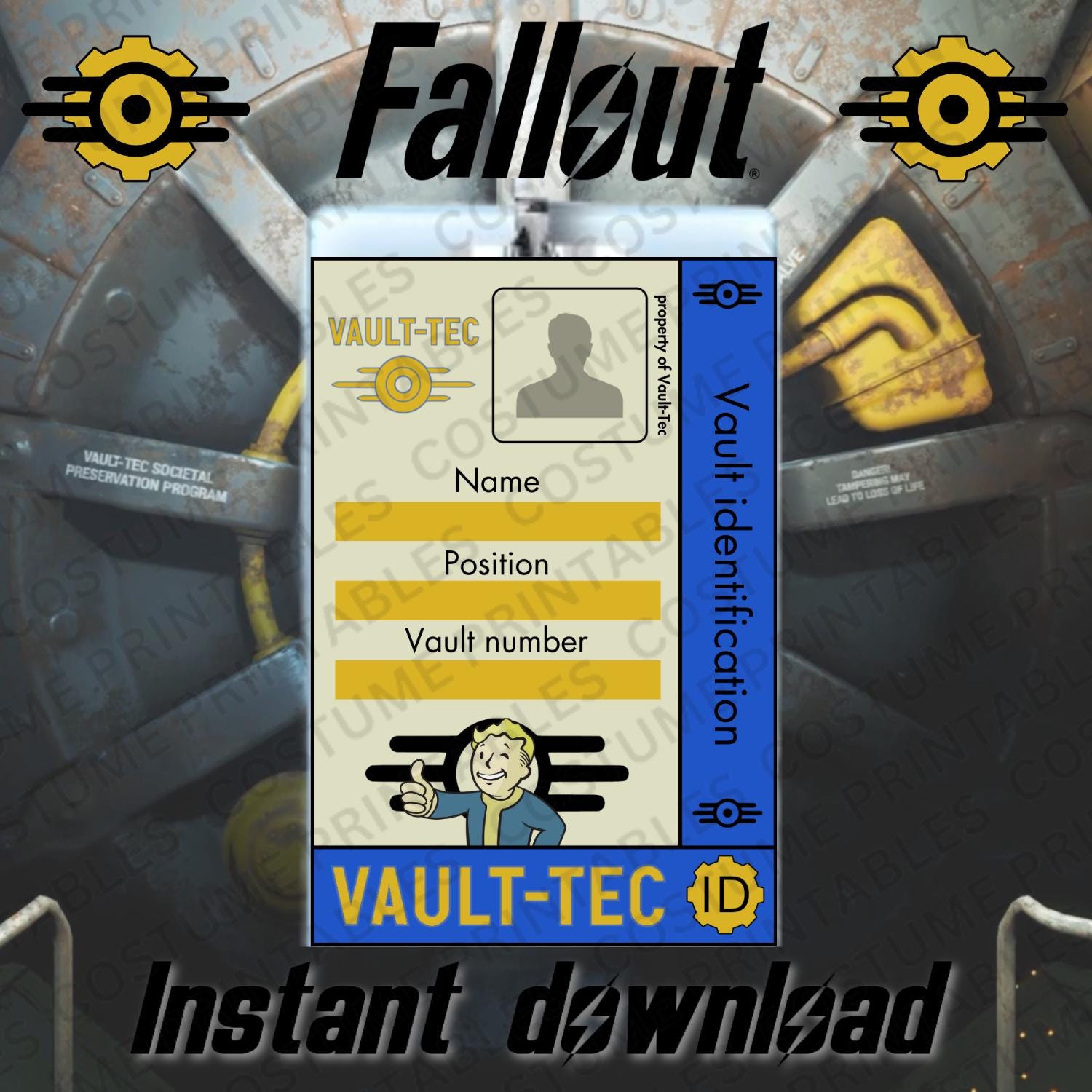 Vault-Tec ID Card — Fallout cosplay printable badge, instant digital PNG download
