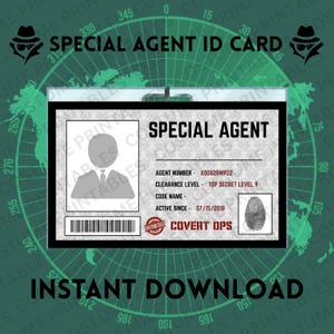 Printable | Special Agent | ID card | ID badge | Costume | Cosplay | Halloween | Birthday party