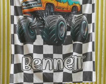 Monster Truck Plush Blanket, Personalized Checkered Kids Blanket, monster truck blanket