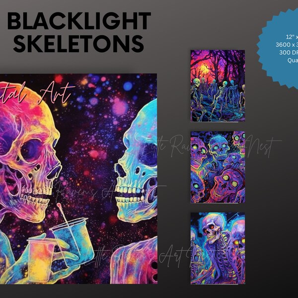 Blacklight Halloween Skeletons digital artwork, Neon Fluorescent printable poster design