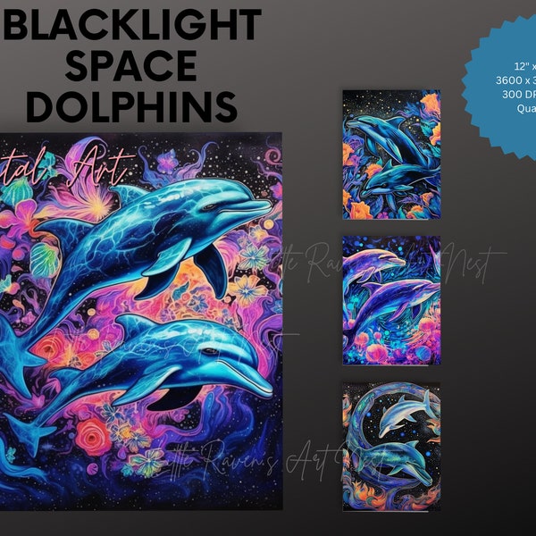 Blacklight Space Dolphins digital artwork, Neon Fluorescent printable poster design