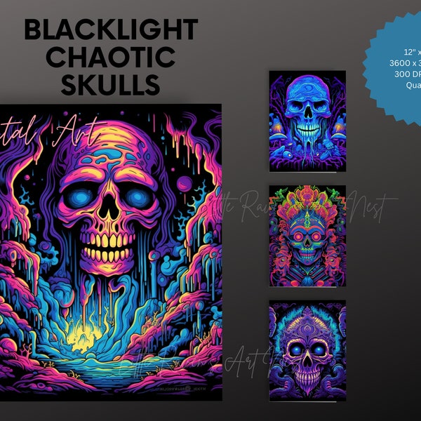 Blacklight Chaotic Skulls digital artwork, Neon Fluorescent printable poster design