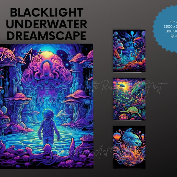 Blacklight Underwater Dreamscape digital artwork, Neon Fluorescent printable poster design