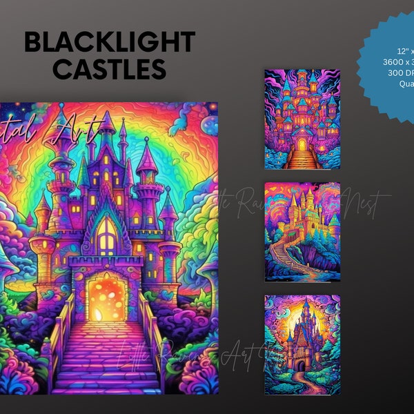Blacklight Fantasy Castles digital artwork, Neon Fluorescent printable poster design