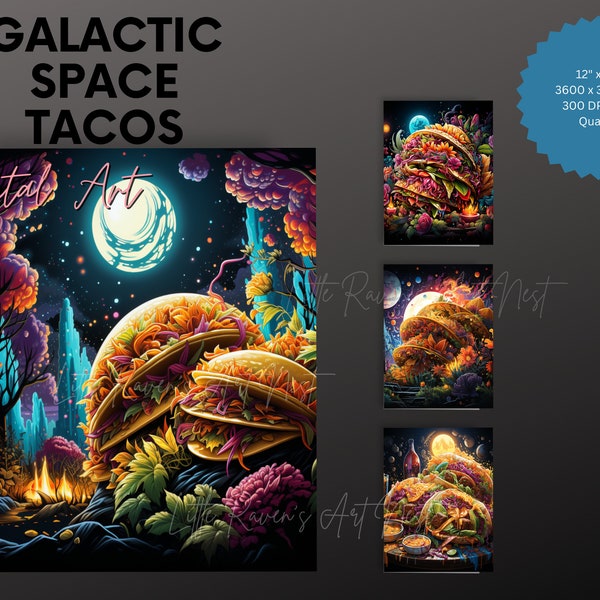 Blacklight Space Tacos digital artwork, Neon Fluorescent printable poster design