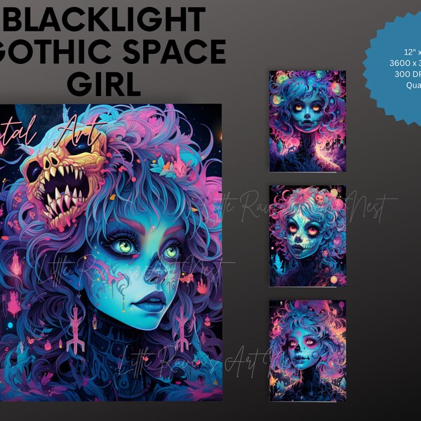 Oeuvre numérique Blacklight Gothic Space Girl, conception d'affiche imprimable Neon Fluorescent