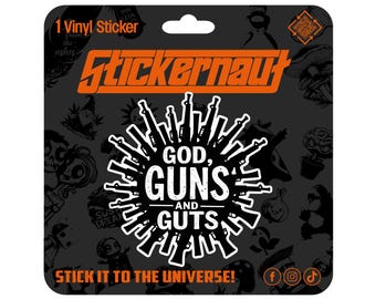 Waterproof Vinyl Sticker | God, Guns, and Guts | - Sarcastic Adult Humor - Laptop Decal, Tumbler Sticker