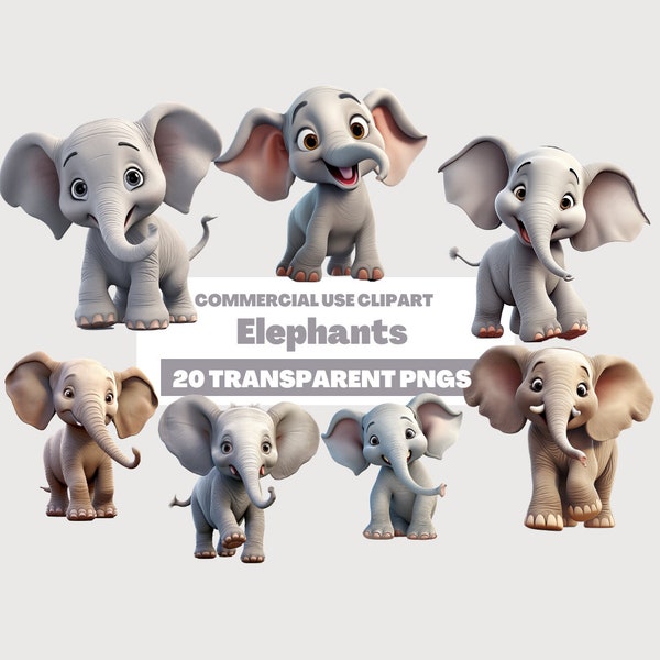 Elephants Clipart - Cute Cartoon clipart, Elephants clipart set, Elephants - Instant Download, Personal Use, Commercial Use, PNG