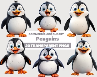 Clipart pingouins - clipart dessin animé mignon, ensemble de cliparts pingouins, pingouins - téléchargement immédiat, usage personnel, usage commercial, PNG