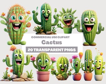 Cactus Clipart - Cute Cartoon clipart, Cacti clipart set, Happy Cacti - Instant Download, Personal Use, Commercial Use, PNG