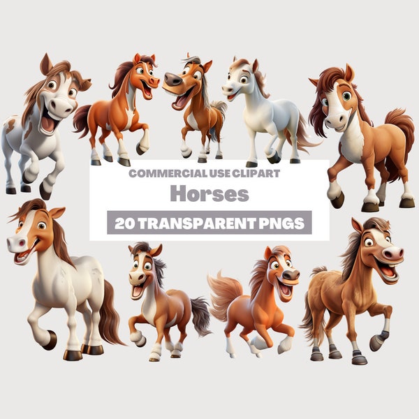 Horses Clipart - Cute Cartoon clipart, Horses clipart set, Horses - Instant Download, Personal Use, Commercial Use, PNG