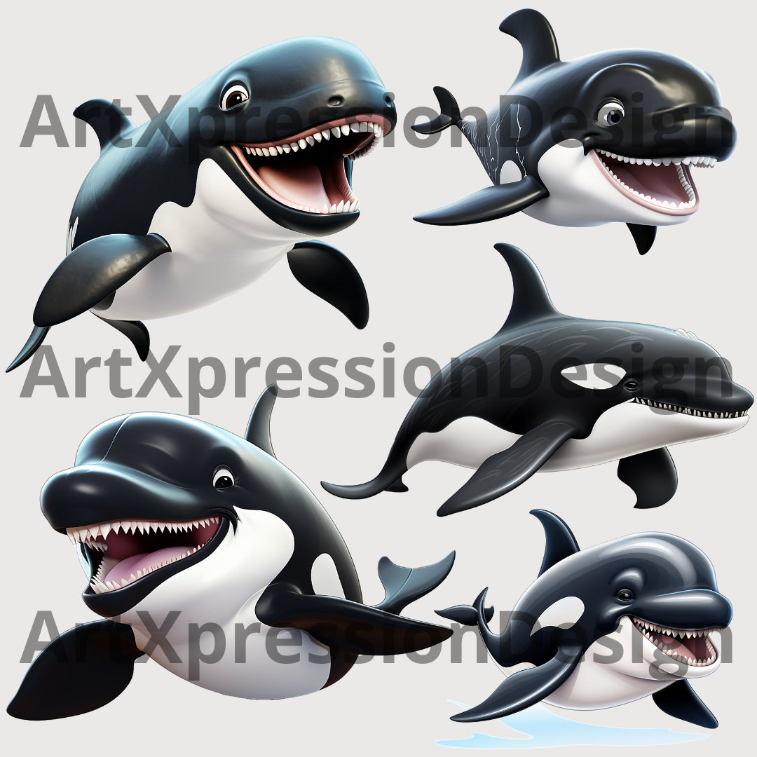 Whales Clipart Cute Cartoon Clipart, Whales Clipart Set, Whales Instant