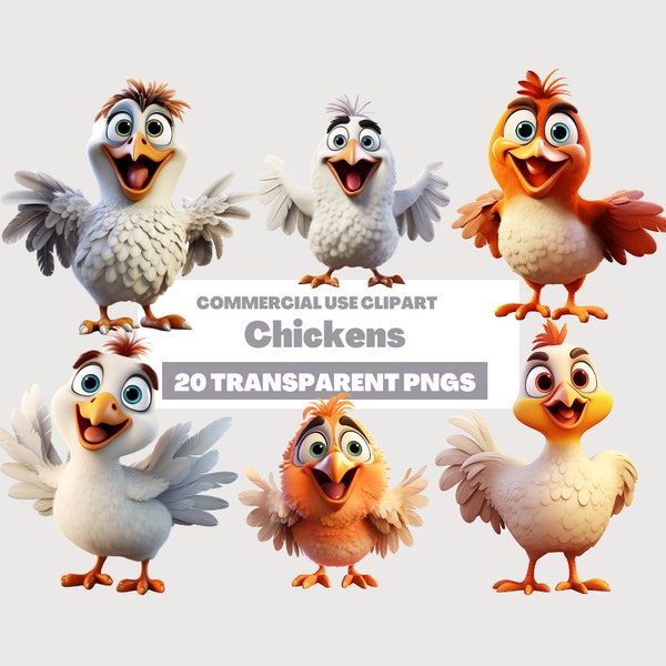 Clipart poulets - clipart animaux de dessin animé mignon, ensemble de cliparts poulets, poulets - téléchargement immédiat, usage personnel, usage commercial, PNG