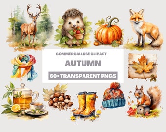 60+ Watercolor Autumn PNG, SVG, Clipart Bundle, Autumn Illustrations, Cute Autumn Clipart, Clipart for commercial use, Transparent PNGs