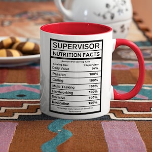 May include: White ceramic mug with a red rim and handle. The mug features a black and white graphic that reads "Supervisor Nutrition Facts" with a list of qualities and a percentage value of 100% for each.