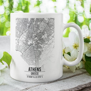 tasse de carte d'Athènes | Mug monochrome de 11 oz | Cadeau noir et blanc Athènes Grèce | Souvenir grec minimaliste