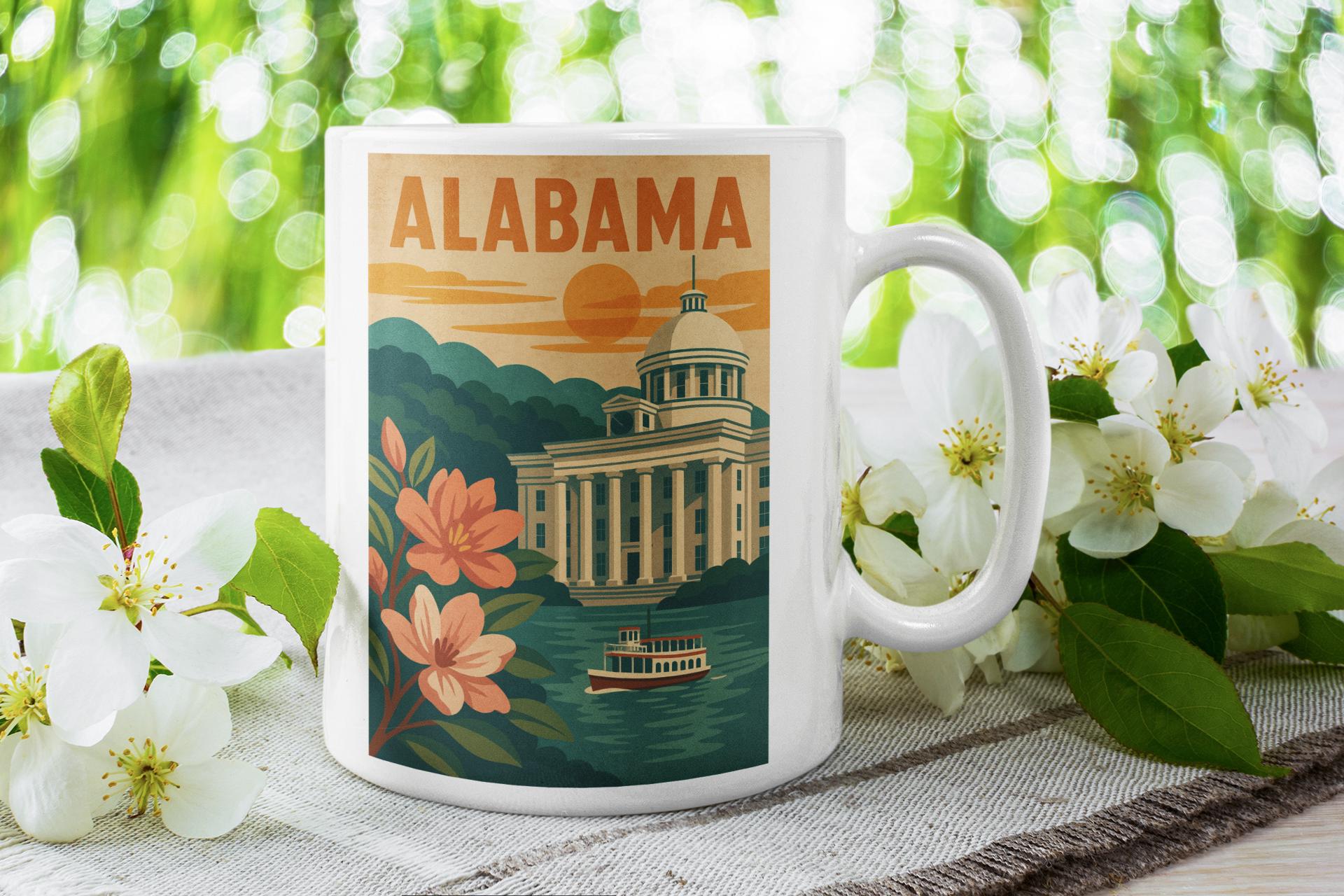Alabama Travel Poster Mug – Retro Mid-century Design, Flat Bold