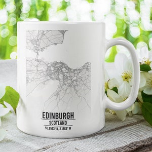 Mug Carte monochrome d'Édimbourg, Écosse - Mug à café en céramique de 11 oz (330 ml) - Design élégant de plan de la ville - Cadeau parfait pour les amateurs d'Édimbourg