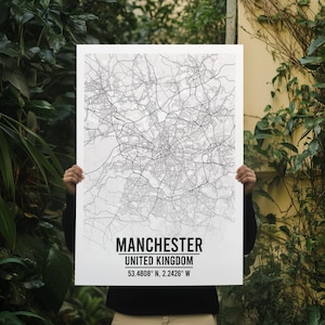 Manchester Minimalist Monochrome Map Print – Black & White City Wall Art – Modern Manchester Poster