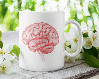 Red Wireframe Brain Mug – Human Brain Anatomy 11oz Coffee Cup – Science Gift, Neuroscience Mug, Modern Brain Art Mug