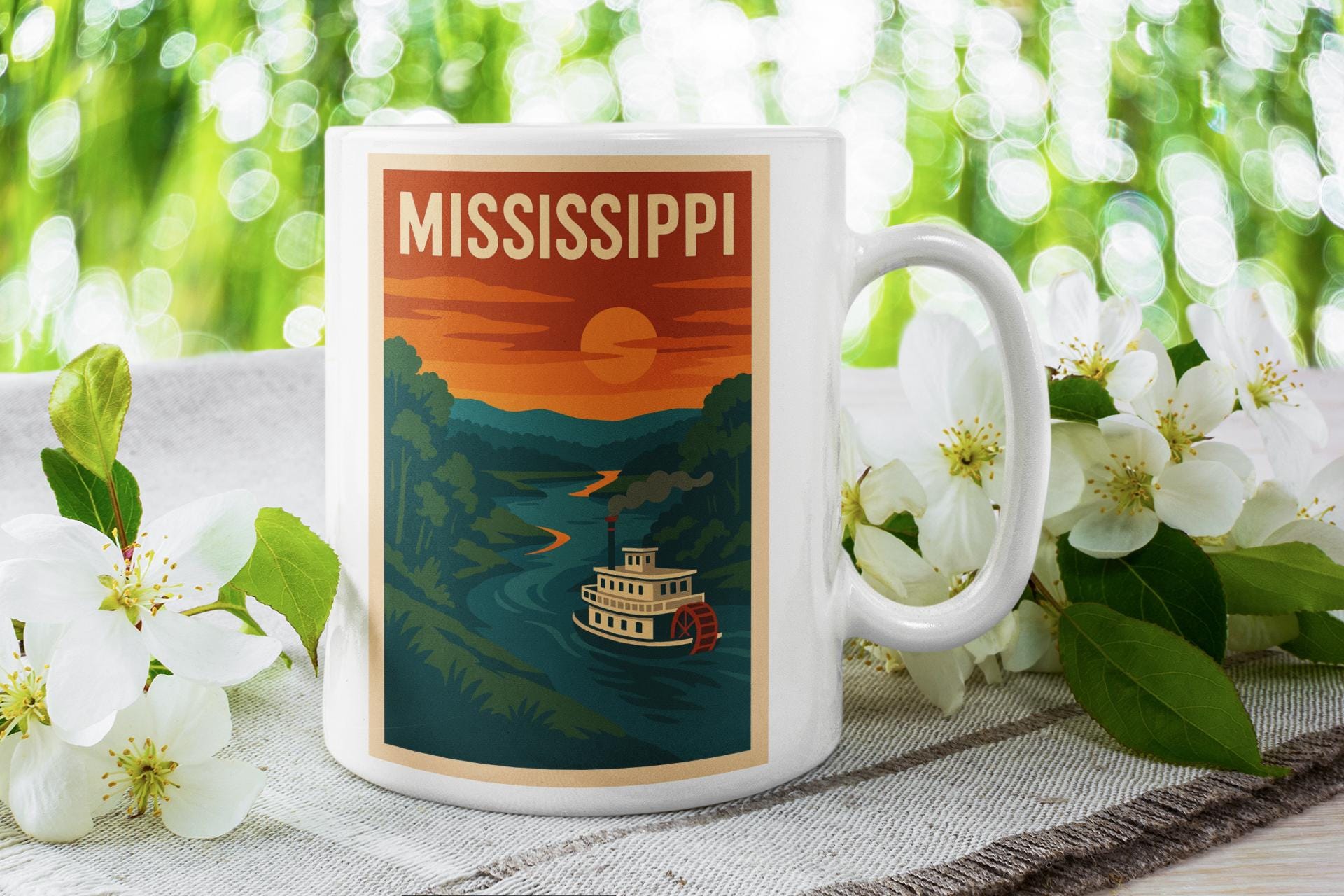 Mississippi Travel Poster Mug – Retro Mid-century Design, Flat