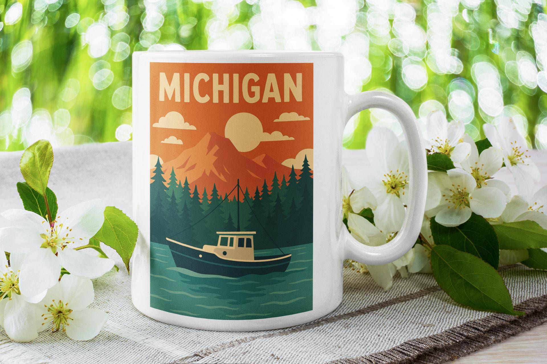 Michigan Travel Poster Mug – Retro Mid-century Design, Flat Bold