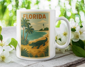 Puede incluir: Taza de cerámica blanca con una ilustración de Florida. El diseño incluye palmeras, una playa, un faro y un caimán. La palabra "FLORIDA" está impresa en naranja. La taza está sobre un fondo verde borroso.