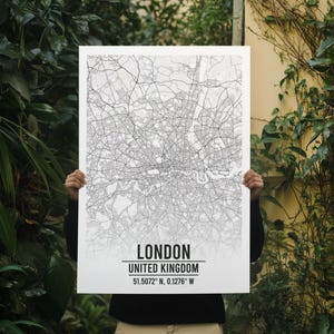 London Minimalist Monochrome Map Print – Black & White City Wall Art – Modern London Poster Available in Multiple Sizes