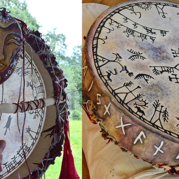 Shaman drum with Saami motives. Hand painted tambourine, museum replica of a real shamanic drum
