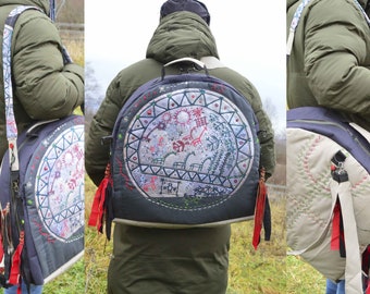 Convertible Backpack Purse for the green shamanic drum, all handles and straps are unfastened with carabiners. TO ORDER