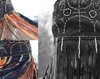 Shaman mask with fringe. Made of black linen with embroidery brown, blue and gold, black leather fringe, beads