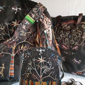Shamanic set for the ceremony:  shamanic mask with fringe, bag for shamanic attributes and  backpack case for  tambourine . TO ORDER