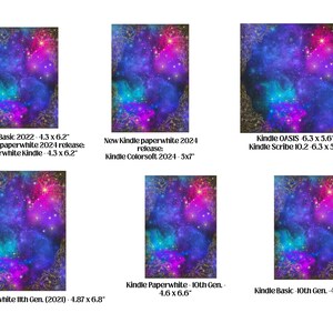 May include: Image features six Kindle covers with a vibrant galaxy design in shades of blue, purple, and pink. Each cover has a different size and model name, including "Kindle Basic," "Paperwhite," and "OASIS." The dimensions are listed in inches.