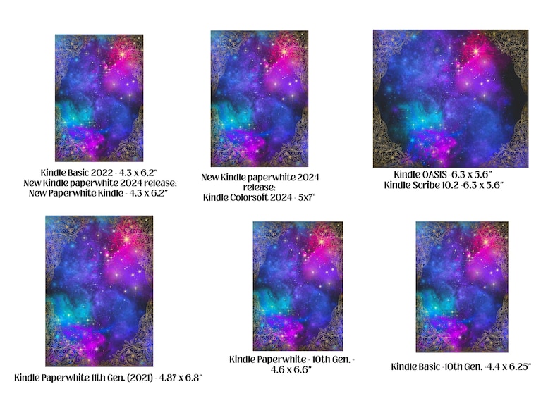 May include: Image features six Kindle covers with a vibrant galaxy design in shades of blue, purple, and pink. Each cover has a different size and model name, including "Kindle Basic," "Paperwhite," and "OASIS." The dimensions are listed in inches.