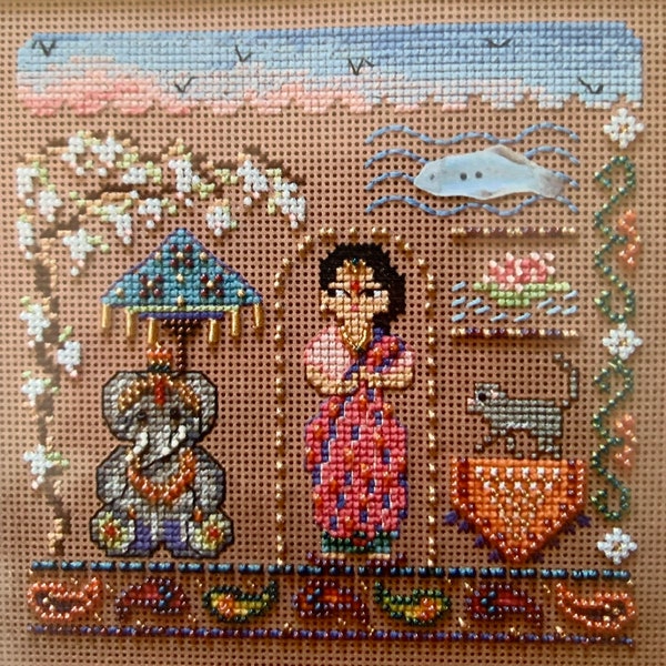 Kit complet broderie perlée « Yasmina » 15/15 cm sur carton perforé 7 points au cm. Idéal pour les loisirs créatifs pendant les vacances.