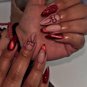 Red Bow Cat Eye Press On Nails: Glitter French Tip Nail Art