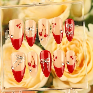 Red Cherry Press On Nails: French Almond, Bow Accent - Handmade Nail Art