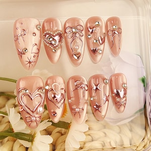 Pink Cat Eye Press On Nail Shiny Glitter Reusable Nail Heart&Bow Fake Nail Summer Spring Nail Cute Kawaii Almond Nail Art Gift For Her Nail
