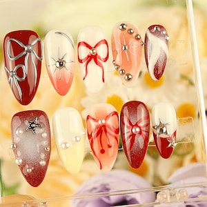 Red Bow Ombre Press On Nails: Almond Christmas Nail Art