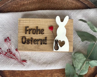Frohe Ostern mit Raysin Hasen auf Holzbrettchen, Ostergeschenk, Mitbringsel, Ostern, Osternest, kleine Aufmerksamkeit, Geschenk