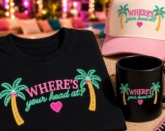 ¿Dónde tienes la cabeza? PNG / Ambiente playero isleño con palmera de neón y corazón / Descarga instantánea