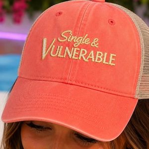 Single & Vulnerable Embroidered Trucker Hat Mesh Snapback | Bombshell Villa Reality TV Aesthetic Hot Girl Summer Amor Island Trendy Cap image 1