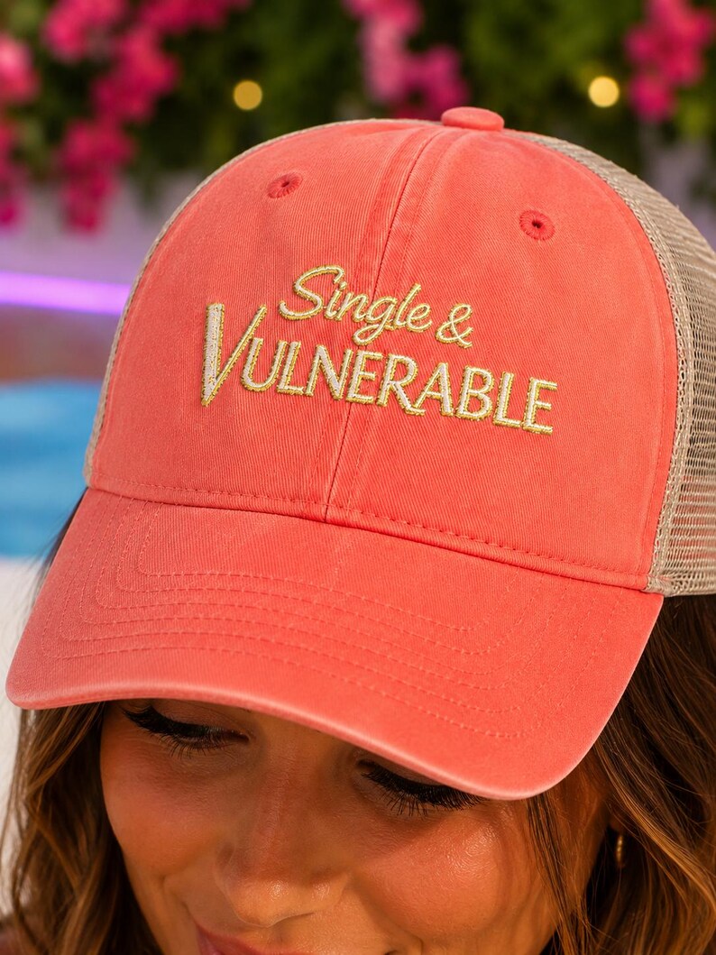 Single & Vulnerable Embroidered Trucker Hat Mesh Snapback | Bombshell Villa Reality TV Aesthetic Hot Girl Summer Amor Island Trendy Cap image 1