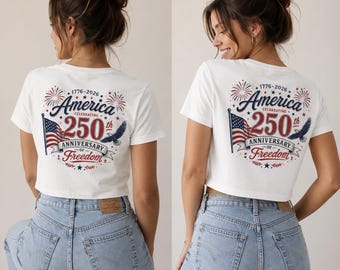 Camiseta del 4 de julio / Top corto para mujer del 250 aniversario de Estados Unidos / Bandera de EE. UU. Fuegos artificiales Patriótico