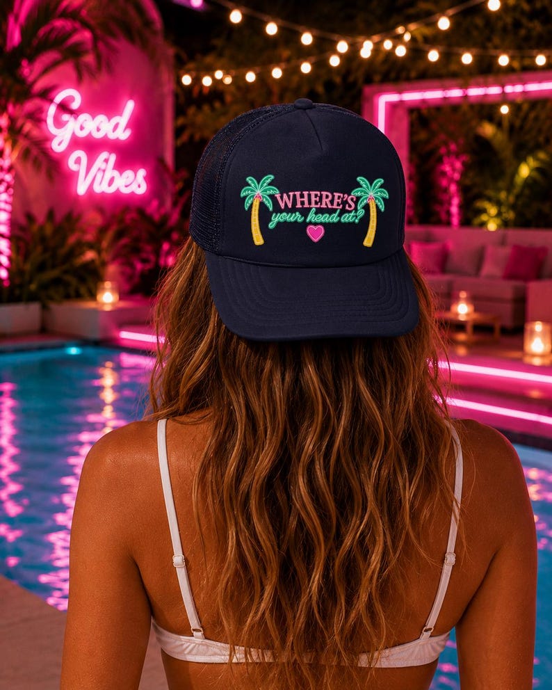 Where's Your Head At Trucker Hat | Open To Exploring | Soul Ties Vibes | Neon Palm Tree Hat | Reality TV Fan Gift | Summer Vacation Hat | Vulnerable Bombshell Aesthetic Cap